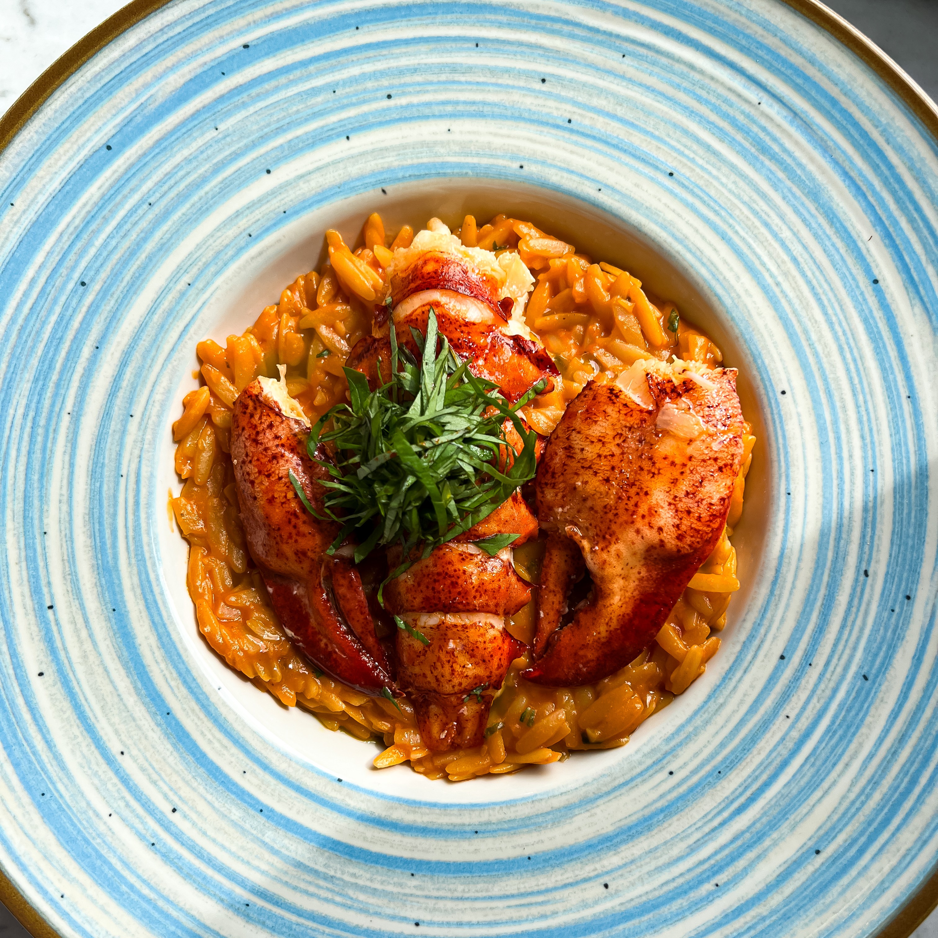 Makaron orzo z homarem i sosem z pieczonych pomidorków