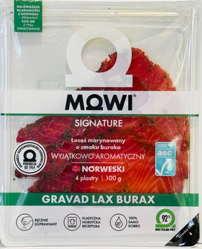 Mowi łosoś marynowany, suszony, lekko wędzony o smaku buraka 100g